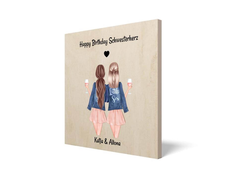 Schwester Geschenk Bild Holzdruck, Große und kleine Schwestern - Cantty