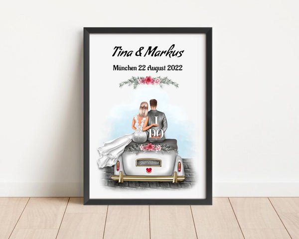 Hochzeitspaar im Auto Poster Geschenk personalisiert