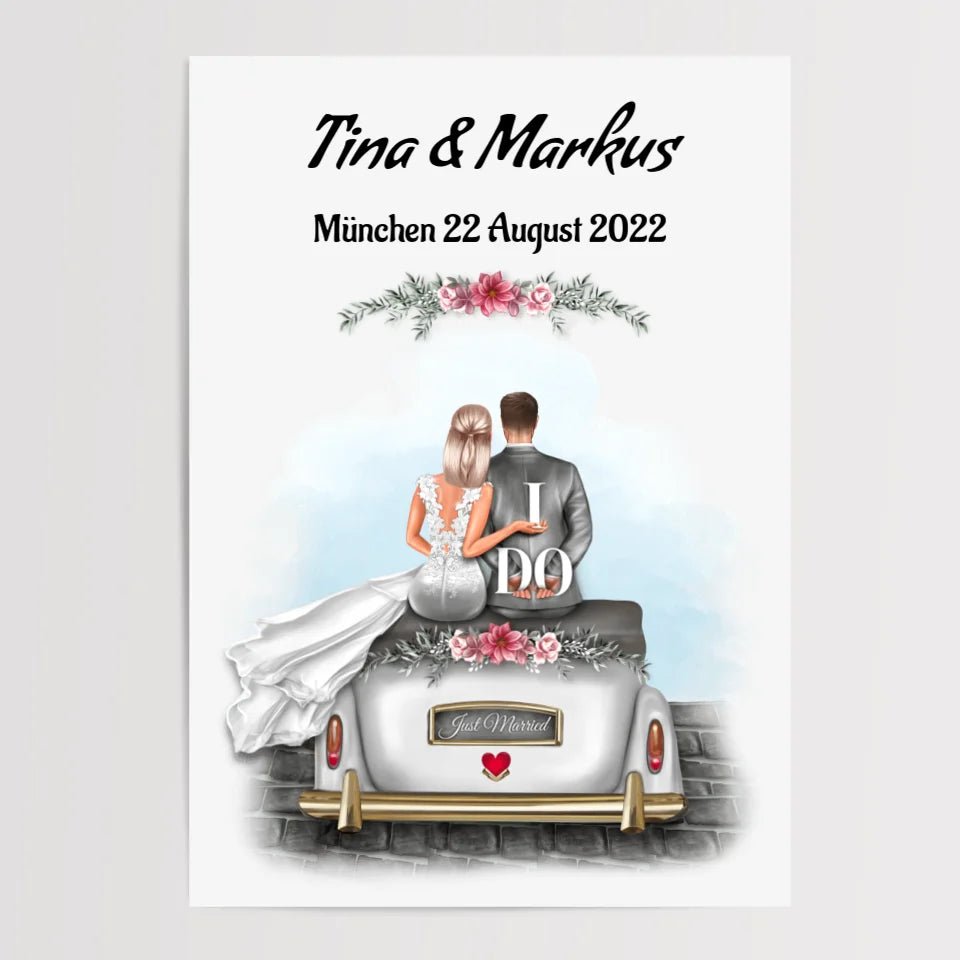 Hochzeitspaar im Auto Poster Geschenk personalisiert - Cantty