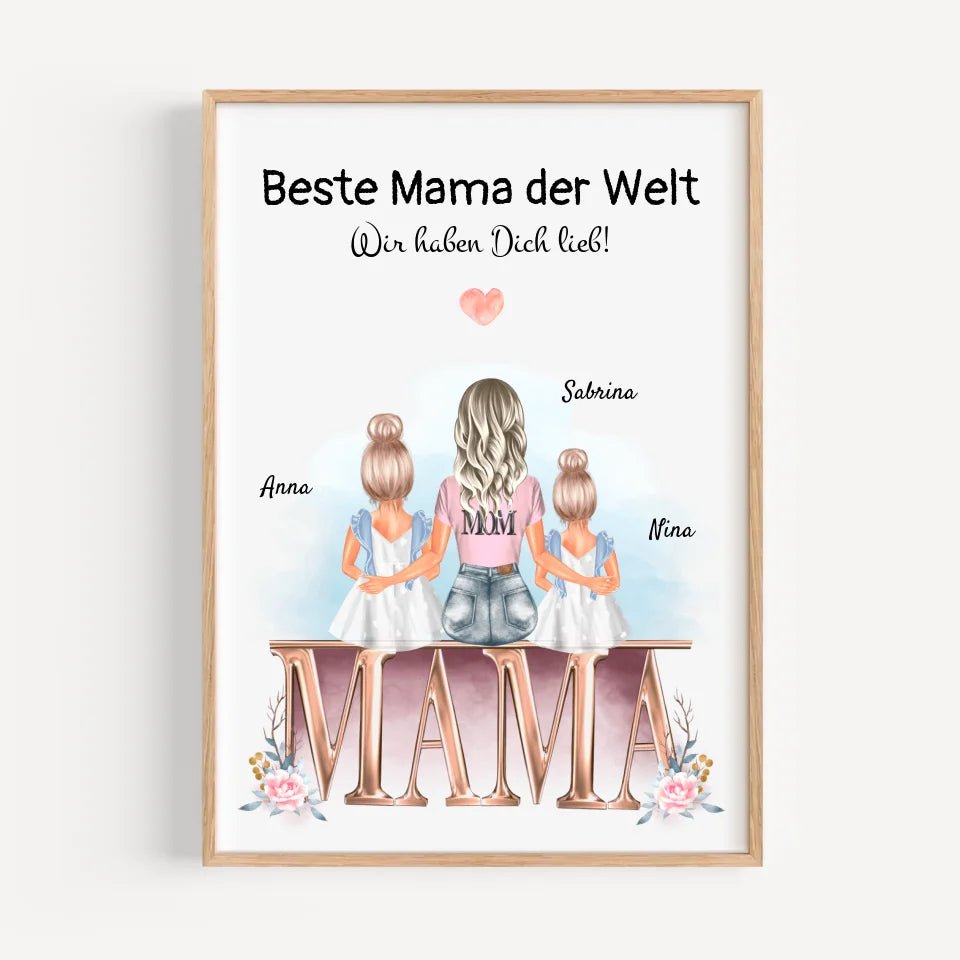 Mutter und 2 kleine Töchter Bild Geschenk personalisiert - Cantty