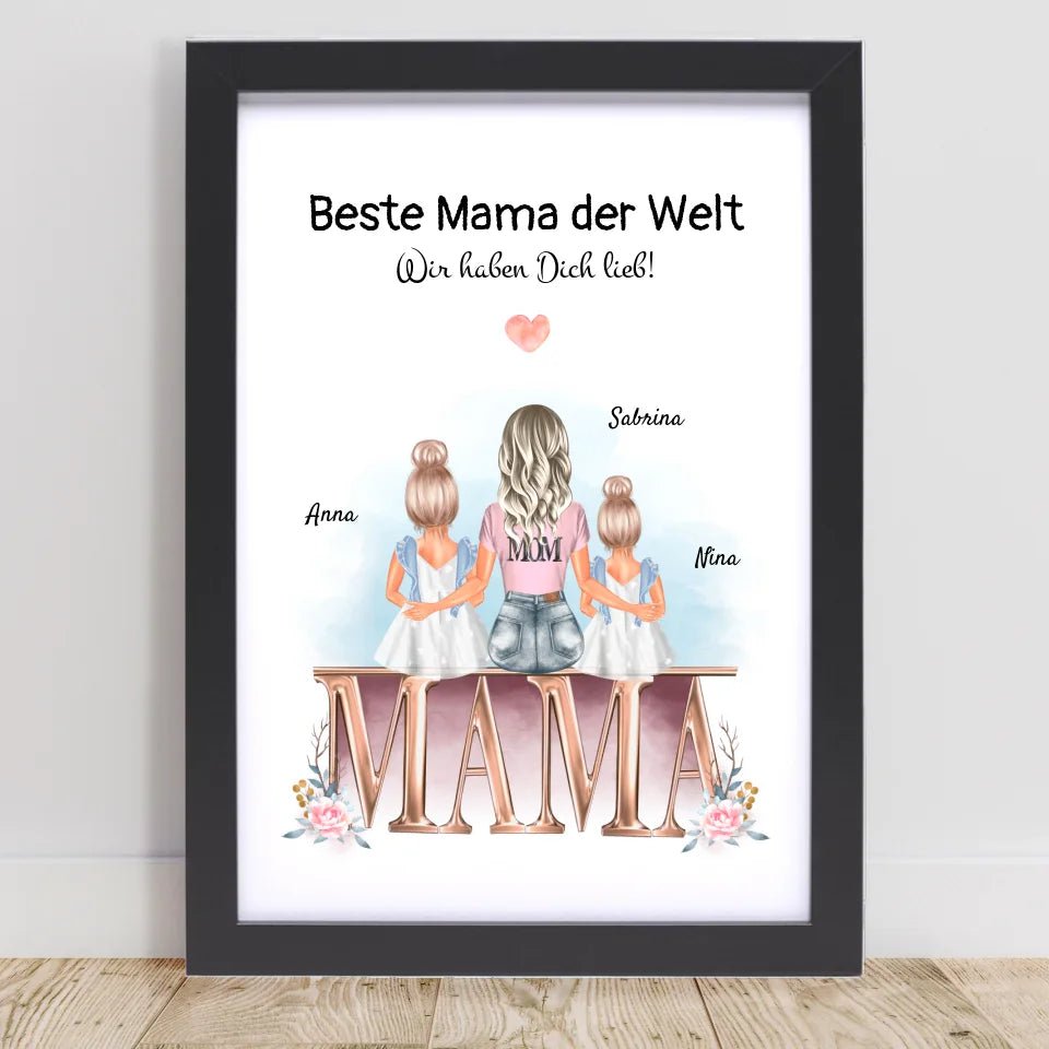 Mutter und 2 kleine Töchter Bild Geschenk personalisiert - Cantty