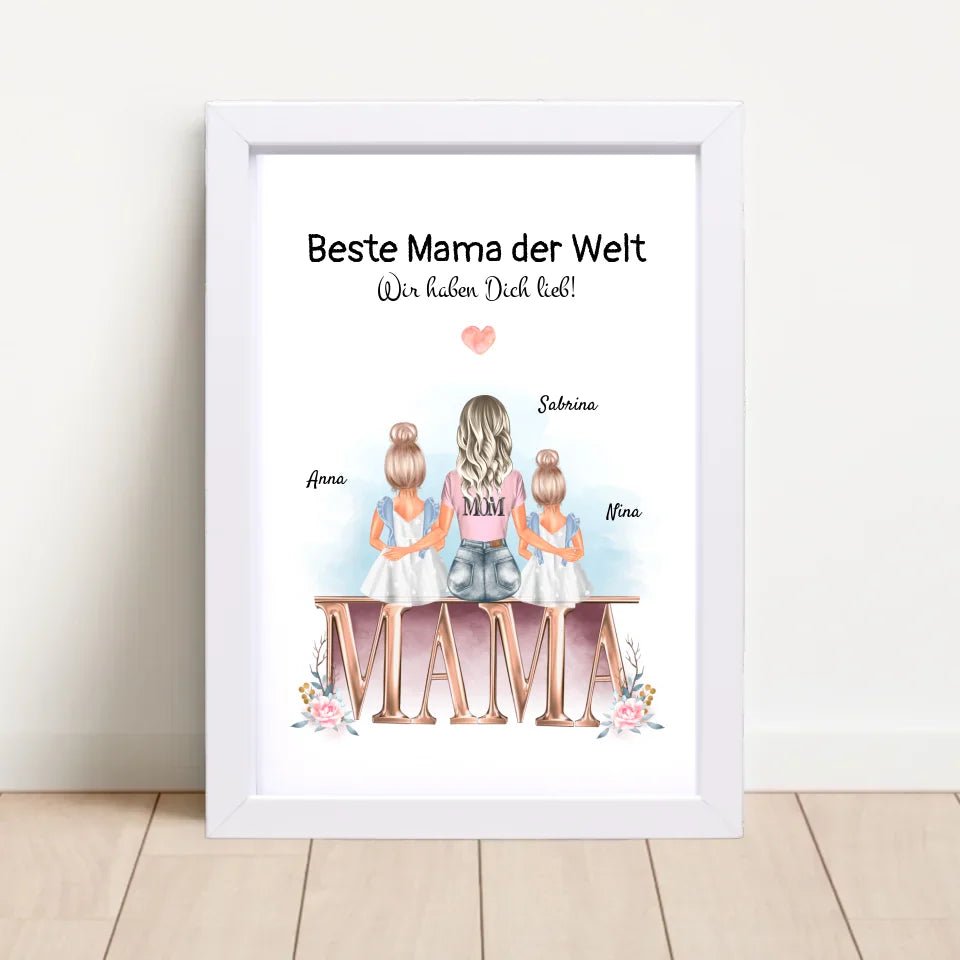 Mutter und 2 kleine Töchter Bild Geschenk personalisiert - Cantty