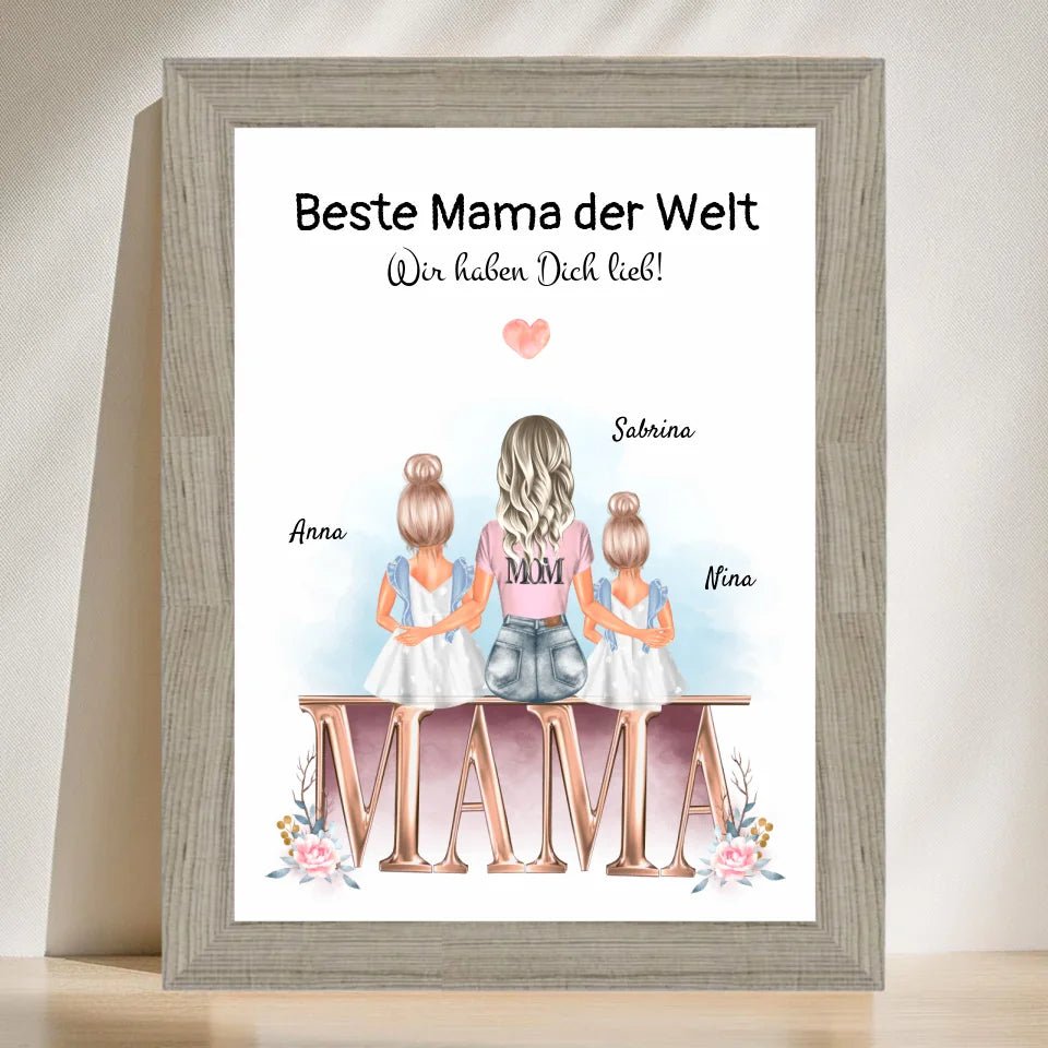 Mutter und 2 kleine Töchter Bild Geschenk personalisiert - Cantty