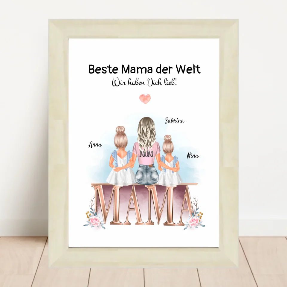 Mutter und 2 kleine Töchter Bild Geschenk personalisiert - Cantty