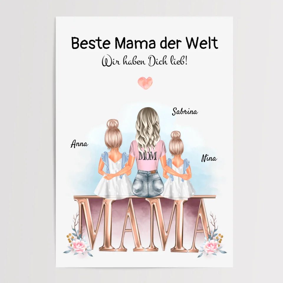 Mutter und 2 kleine Töchter Bild Geschenk personalisiert - Cantty