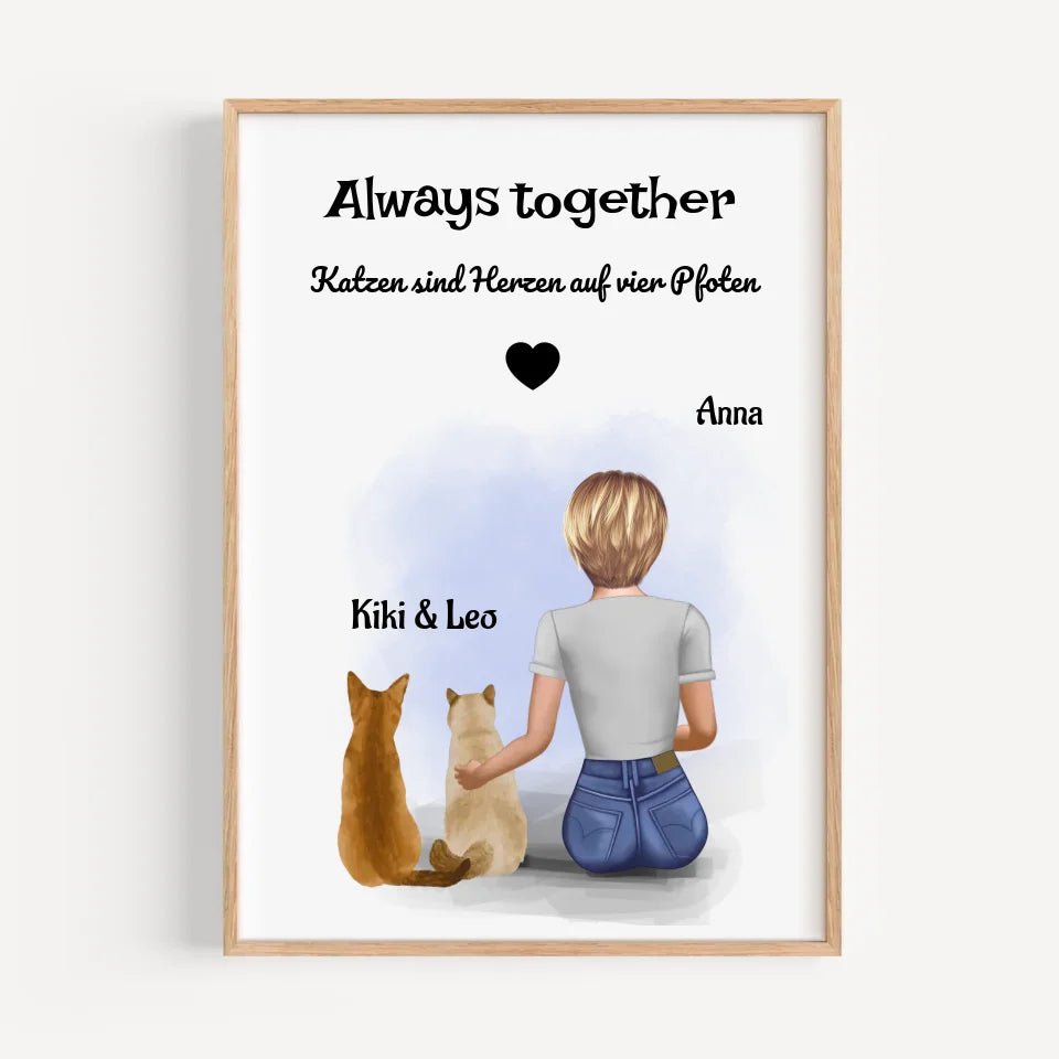 Mädchen und 2 Katzen Bild Geschenk personalisiert - Cantty