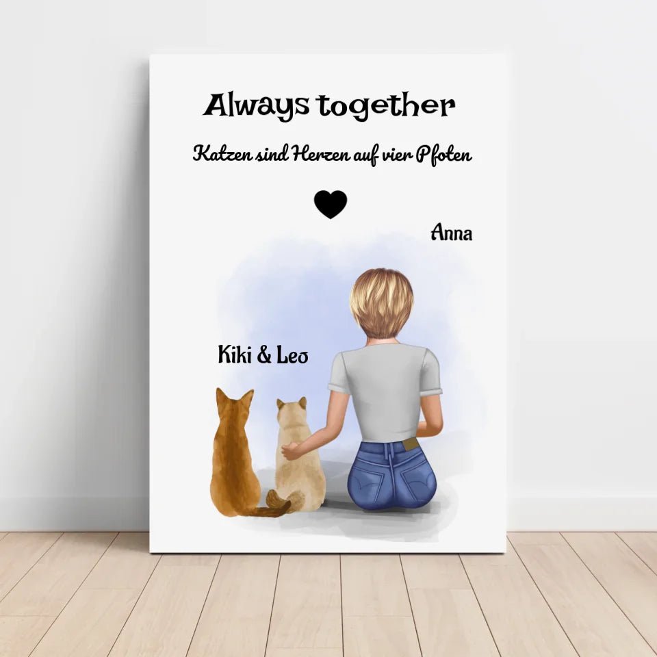 Mädchen und 2 Katzen Bild Geschenk personalisiert - Cantty
