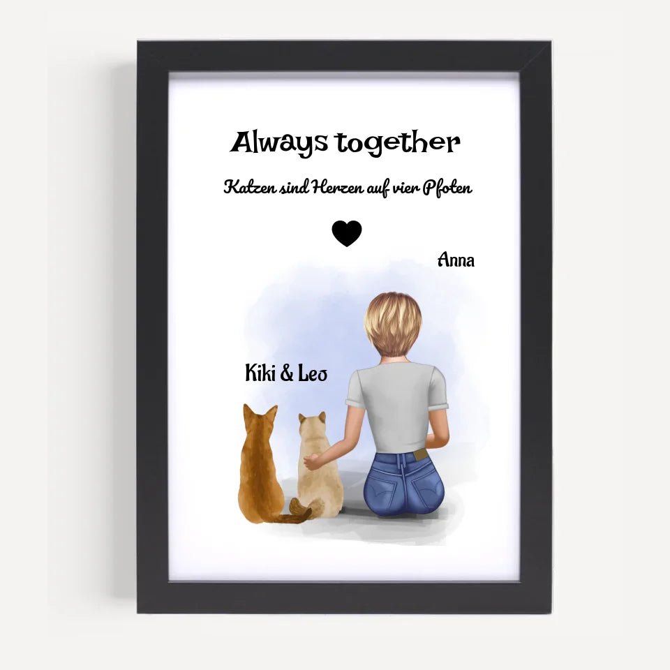 Mädchen und 2 Katzen Bild Geschenk personalisiert - Cantty