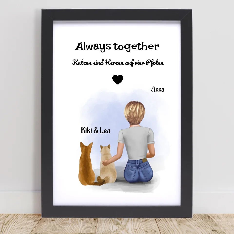 Mädchen und 2 Katzen Bild Geschenk personalisiert - Cantty