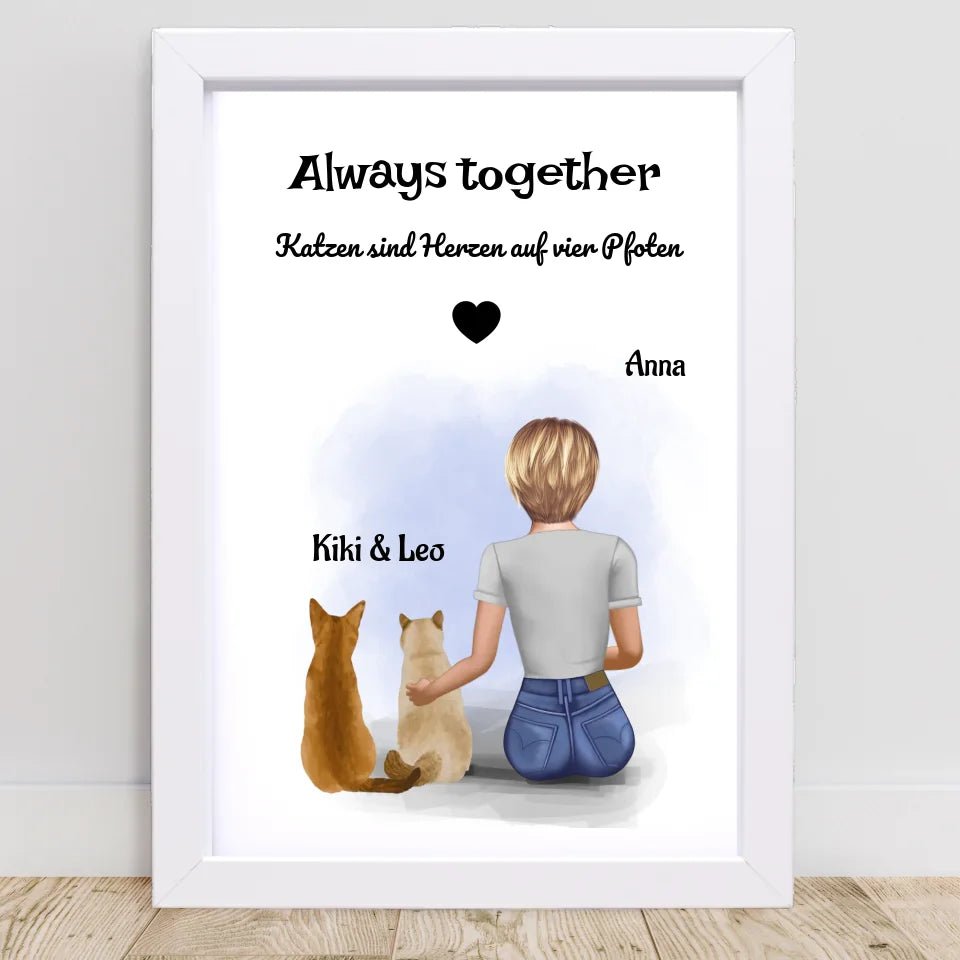 Mädchen und 2 Katzen Bild Geschenk personalisiert - Cantty