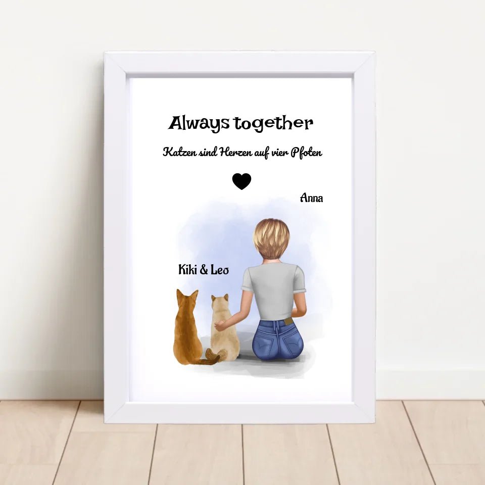 Mädchen und 2 Katzen Bild Geschenk personalisiert - Cantty