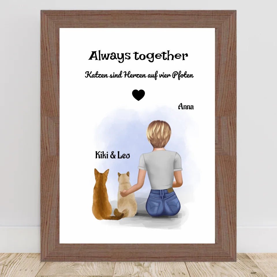 Mädchen und 2 Katzen Bild Geschenk personalisiert - Cantty