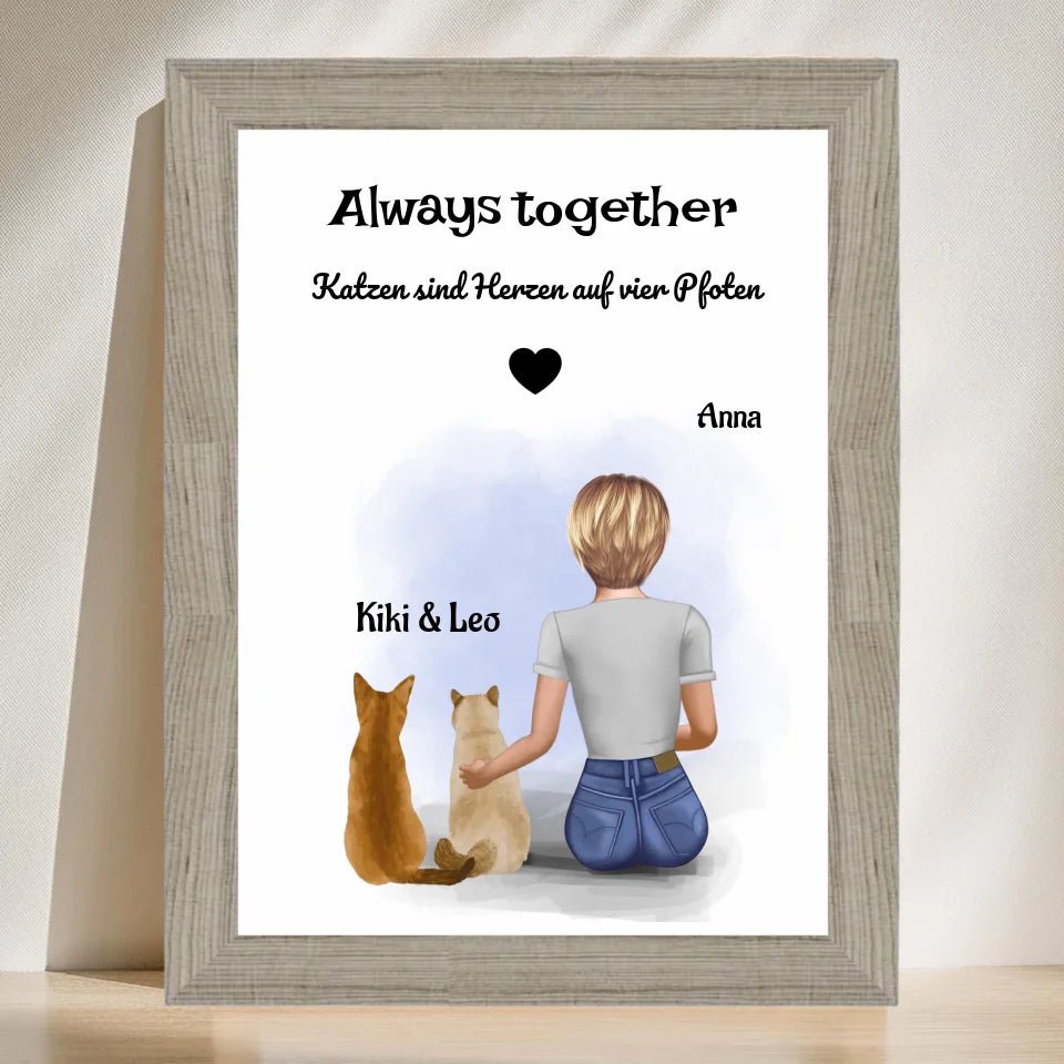 Mädchen und 2 Katzen Bild Geschenk personalisiert - Cantty