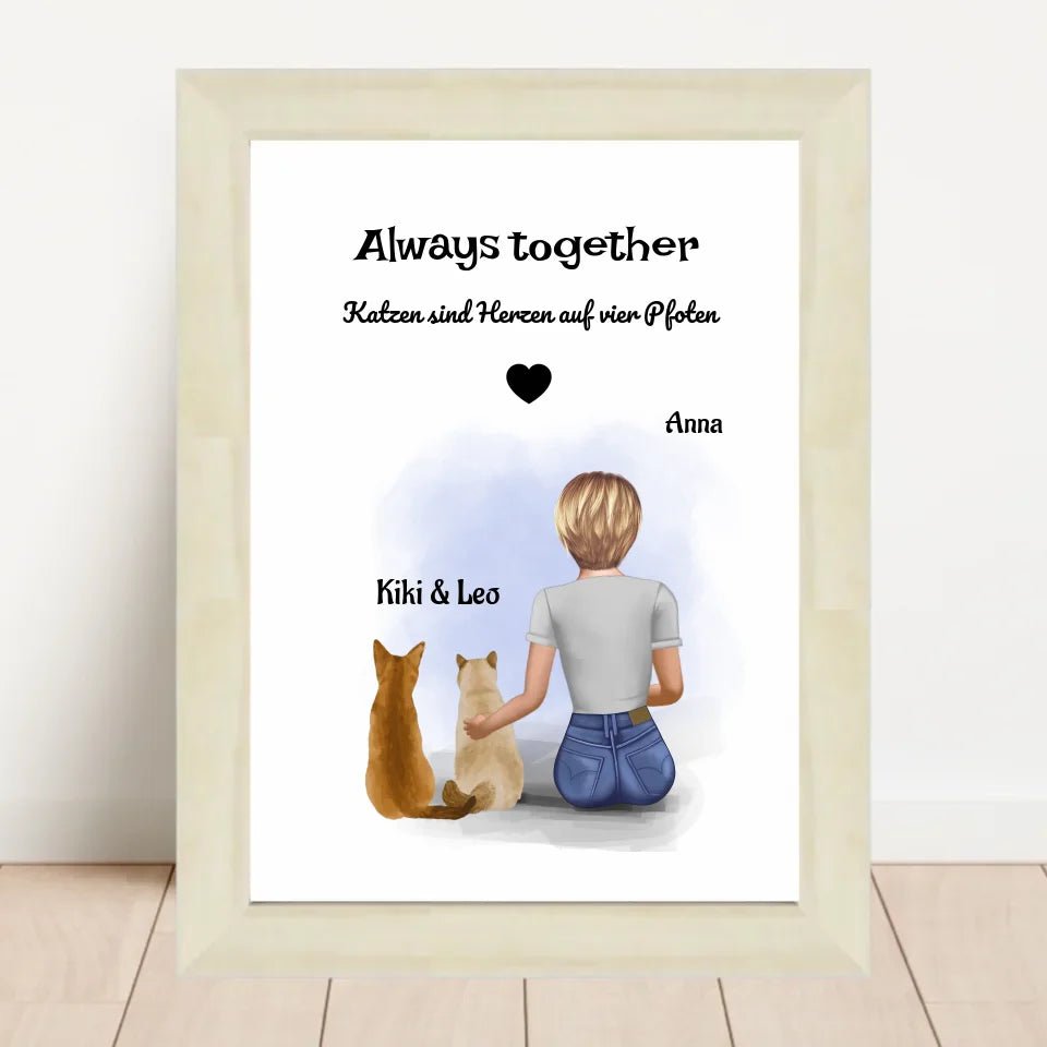Mädchen und 2 Katzen Bild Geschenk personalisiert - Cantty
