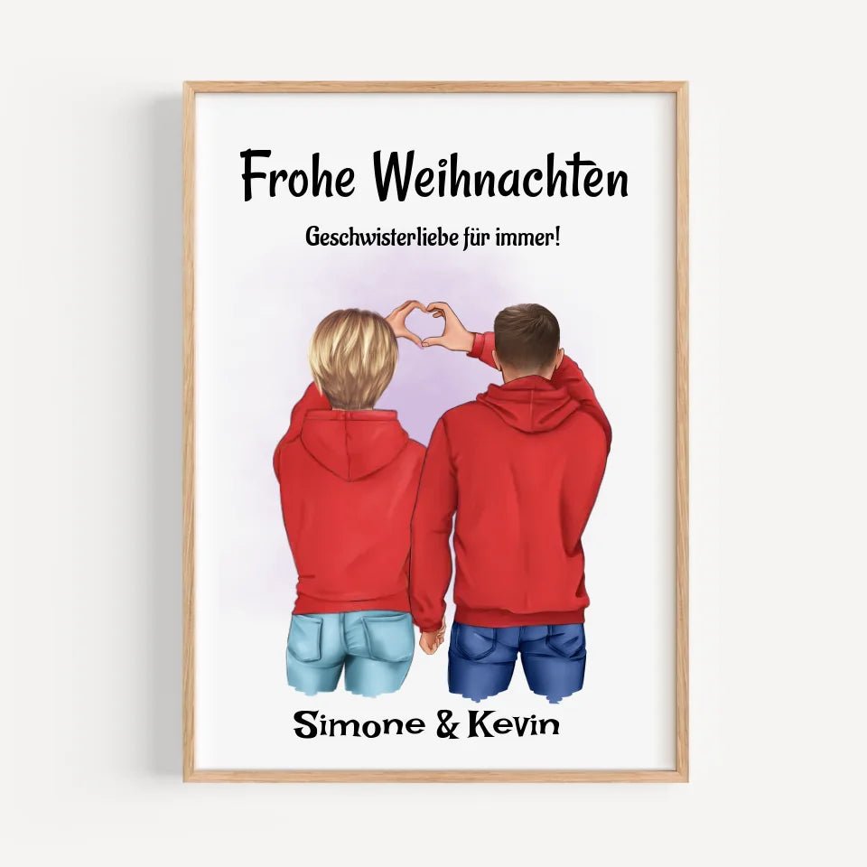 Bruder Schwester Weihnachtsbild mit Herzen Geschenk - Cantty