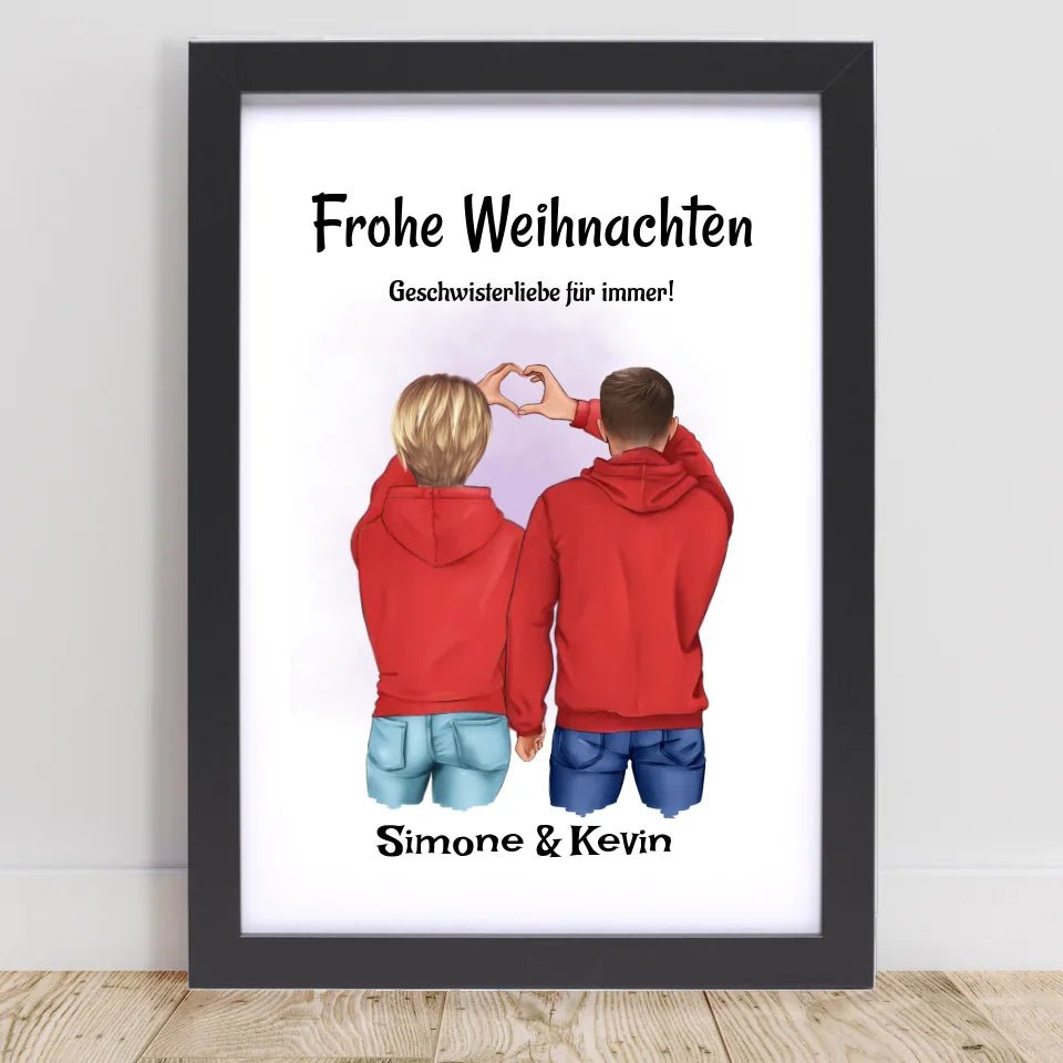 Bruder Schwester Weihnachtsbild mit Herzen Geschenk - Cantty
