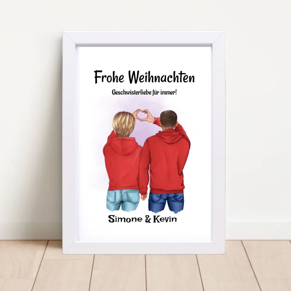 Bruder Schwester Weihnachtsbild mit Herzen Geschenk - Cantty