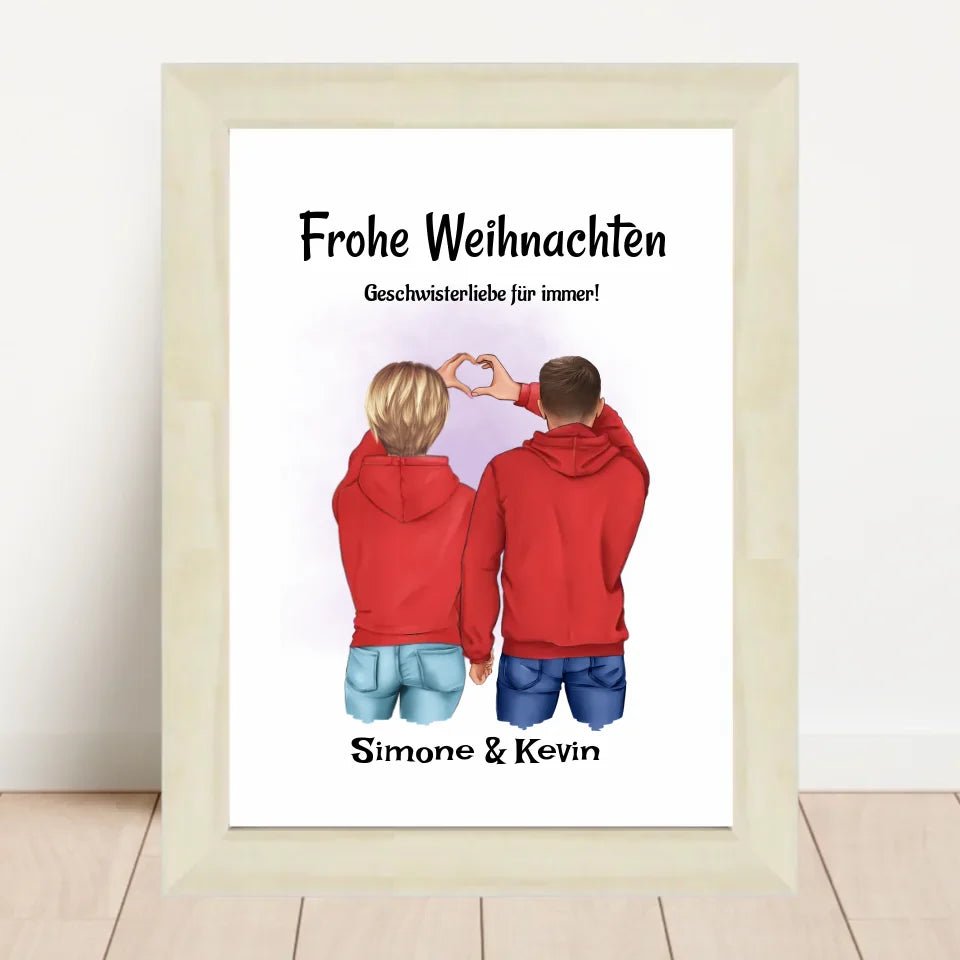 Bruder Schwester Weihnachtsbild mit Herzen Geschenk - Cantty