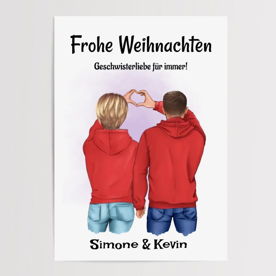 Bruder Schwester Weihnachtsbild mit Herzen Geschenk - Cantty