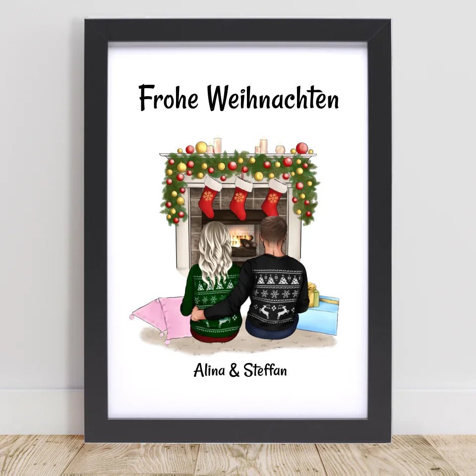 Paar am Kamin Bild Geschenk Weihnachten personalisiert - Cantty