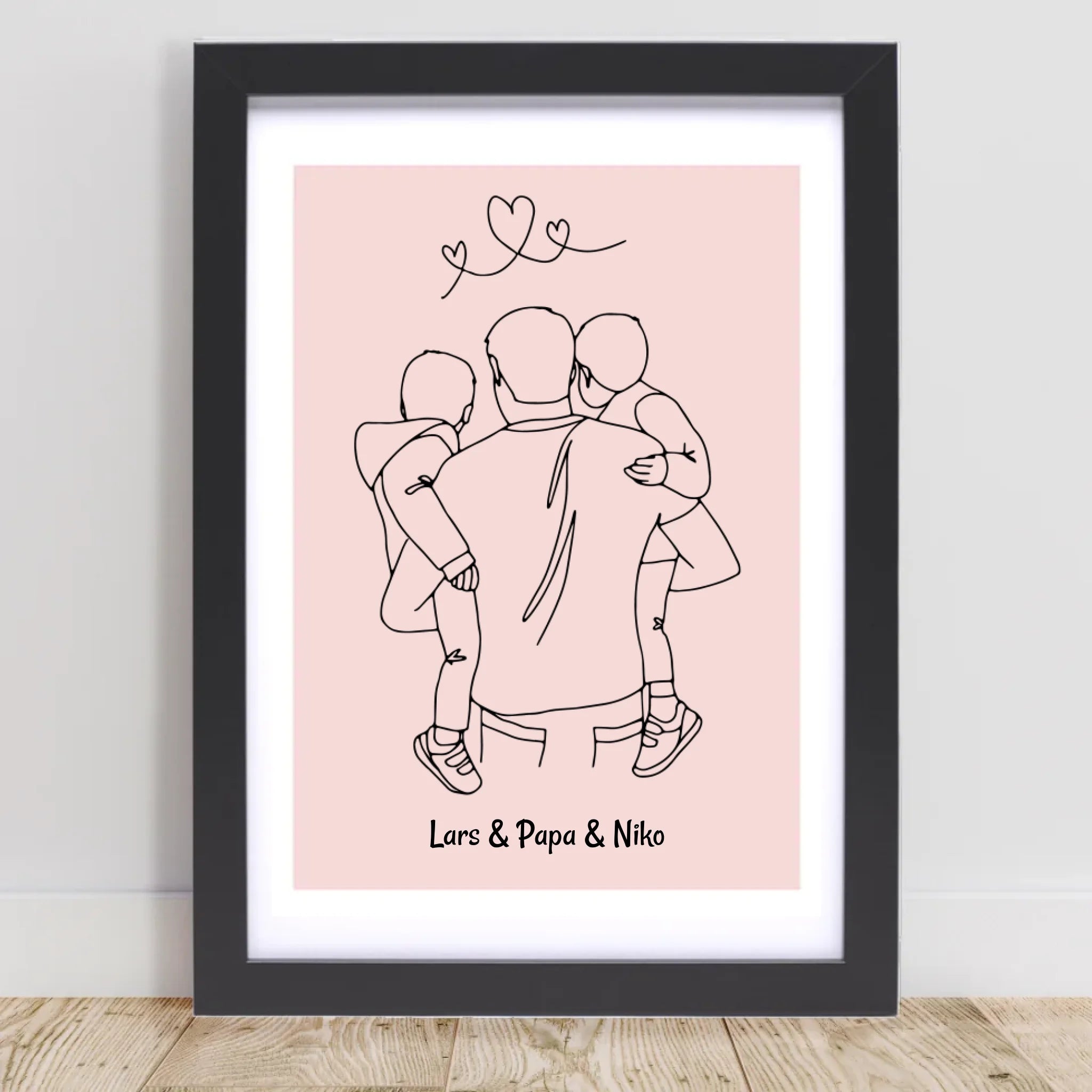 Papa und 2 kleine Söhne im Arm Linienkunst Poster Geschenk für Vater personalisiert - Cantty