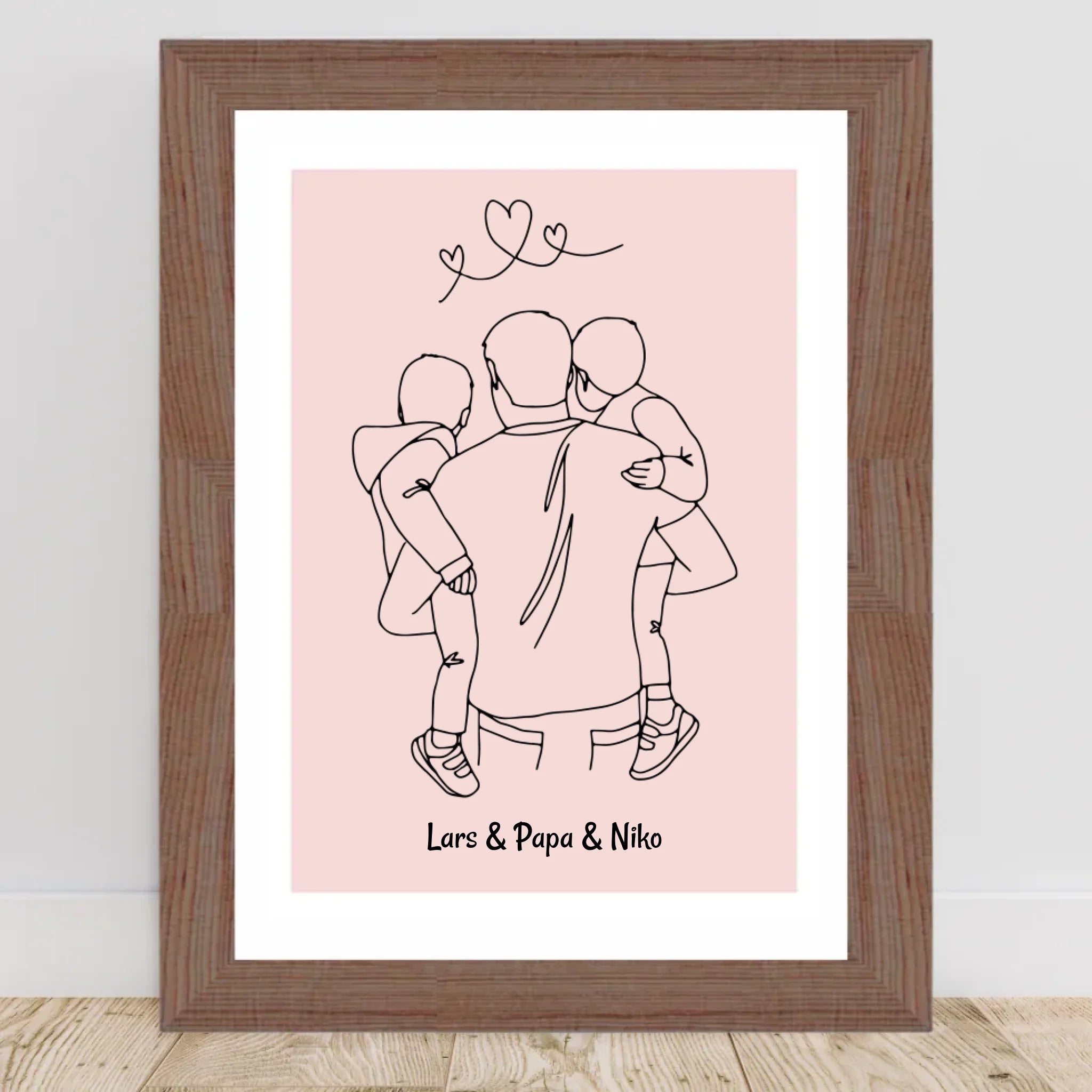 Papa und 2 kleine Söhne im Arm Linienkunst Poster Geschenk für Vater personalisiert - Cantty