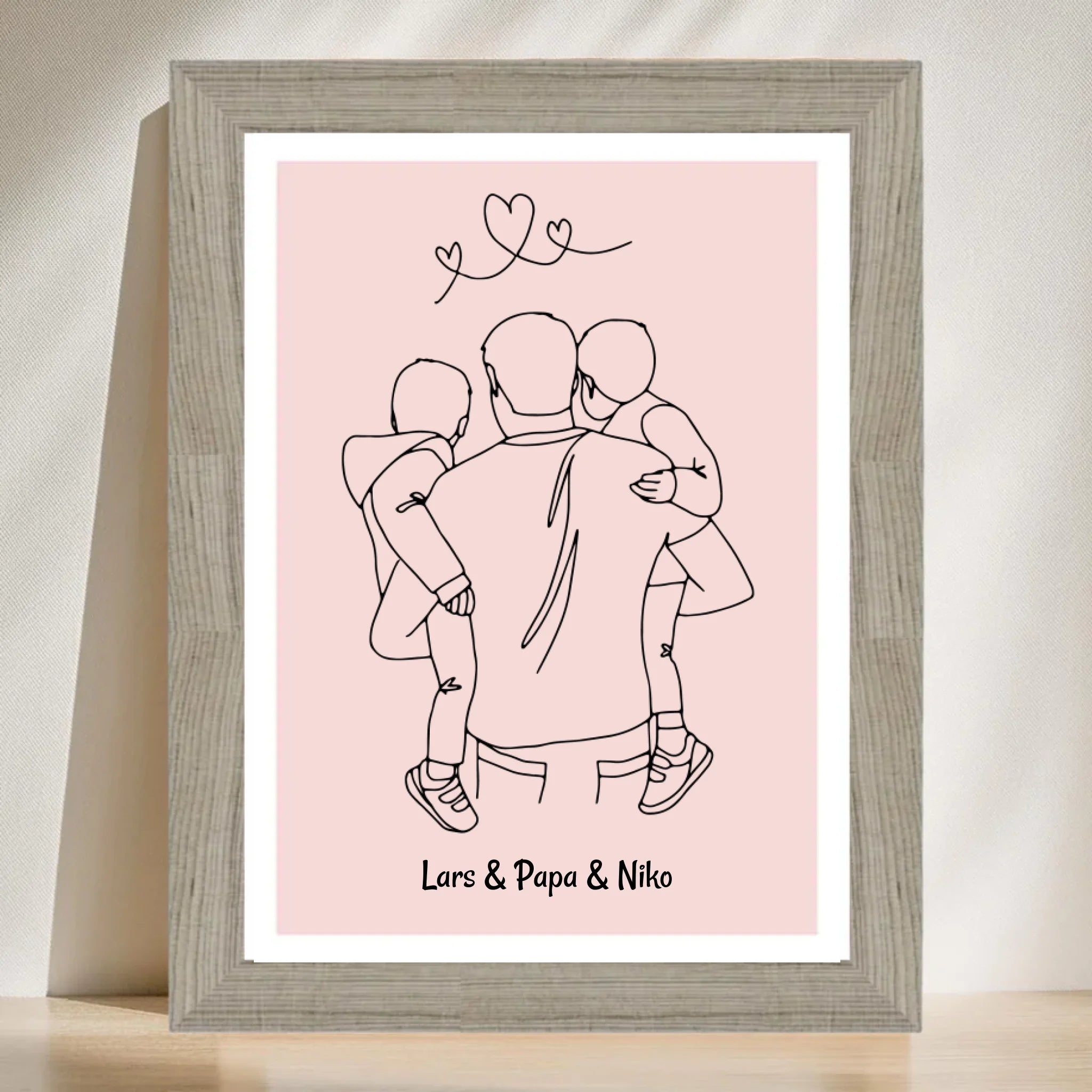 Papa und 2 kleine Söhne im Arm Linienkunst Poster Geschenk für Vater personalisiert - Cantty