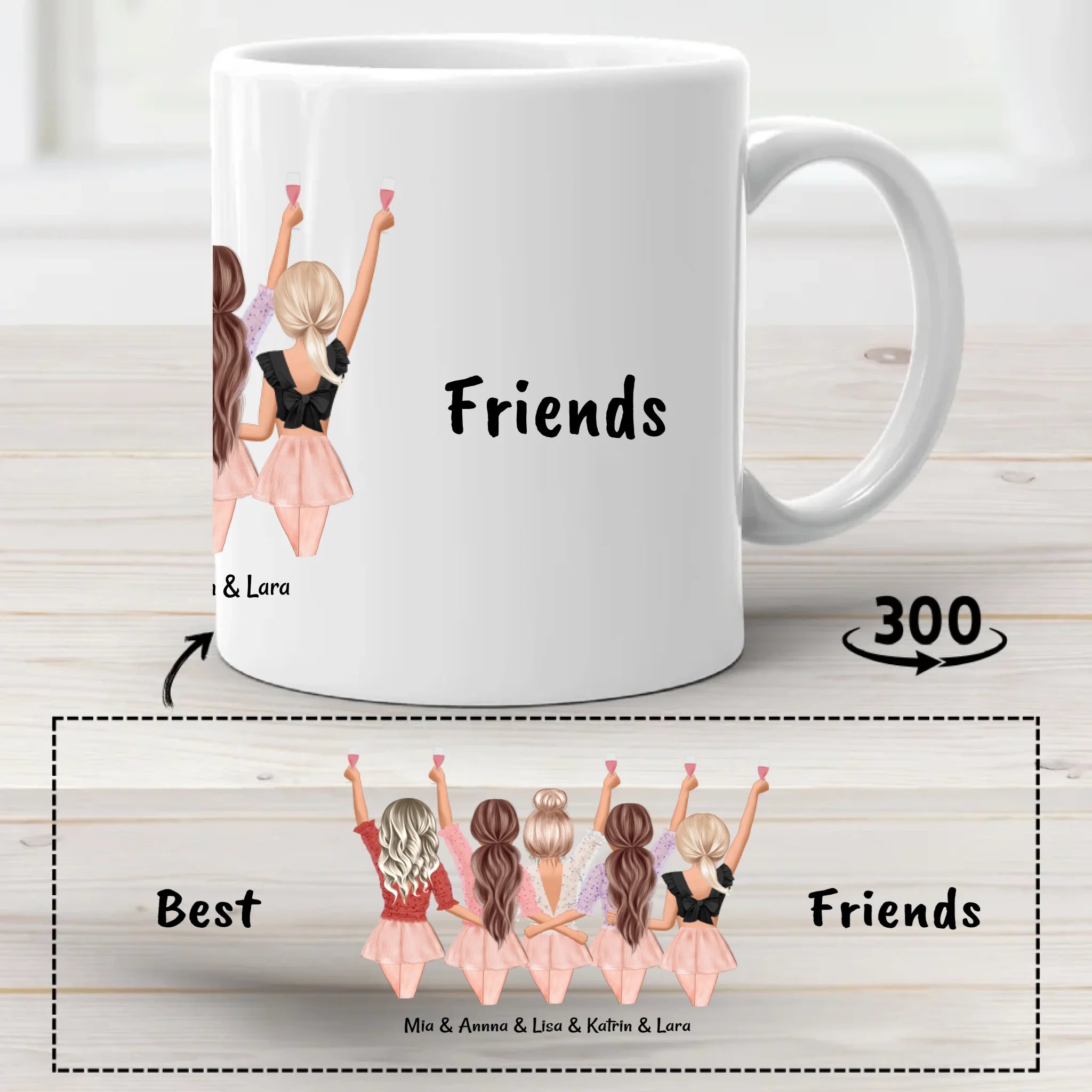 Geschenk Tasse 5 Freundinnen mit Namen Spruch - Cantty