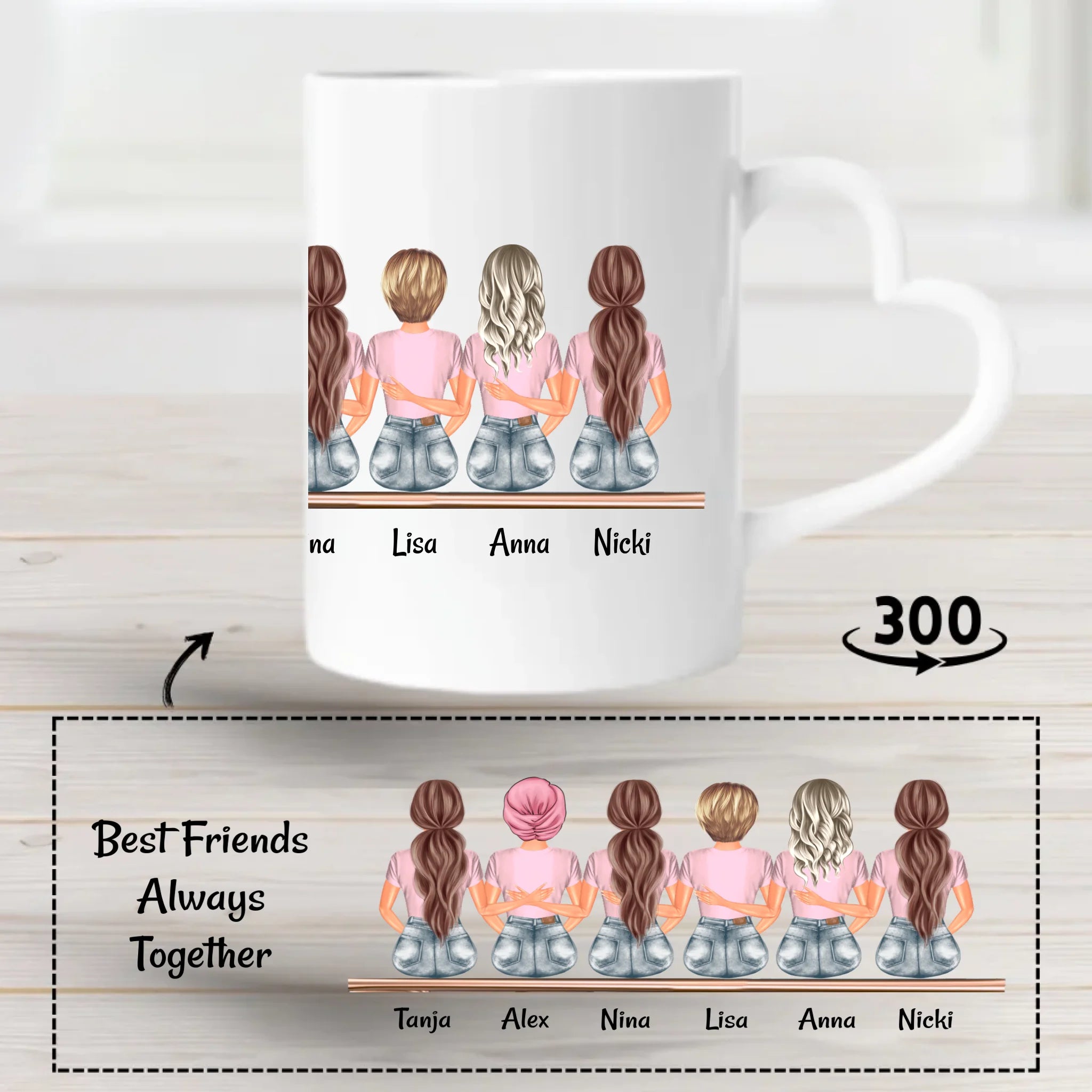 Tasse Geschenk 6 Freundinnen mit Namen und Spruch - Cantty