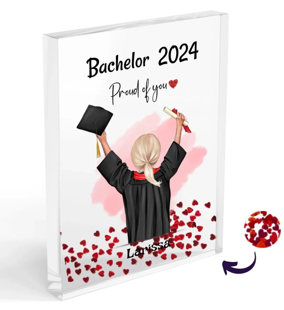 Bachelor Abschluss Mädchen Acrylglas Bild mit Konfetti personalisiert - Cantty