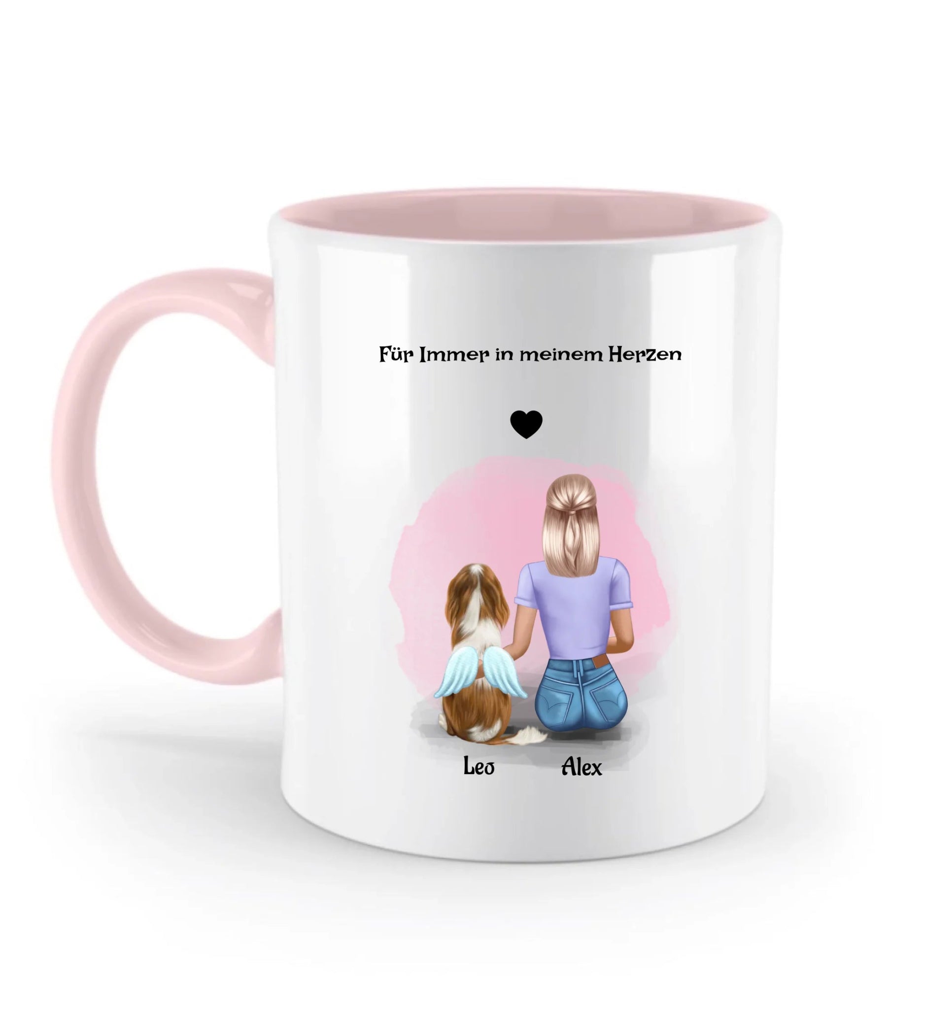 Frau und Hund mit Engelsflügel Abschied Tasse personalisiert - Cantty