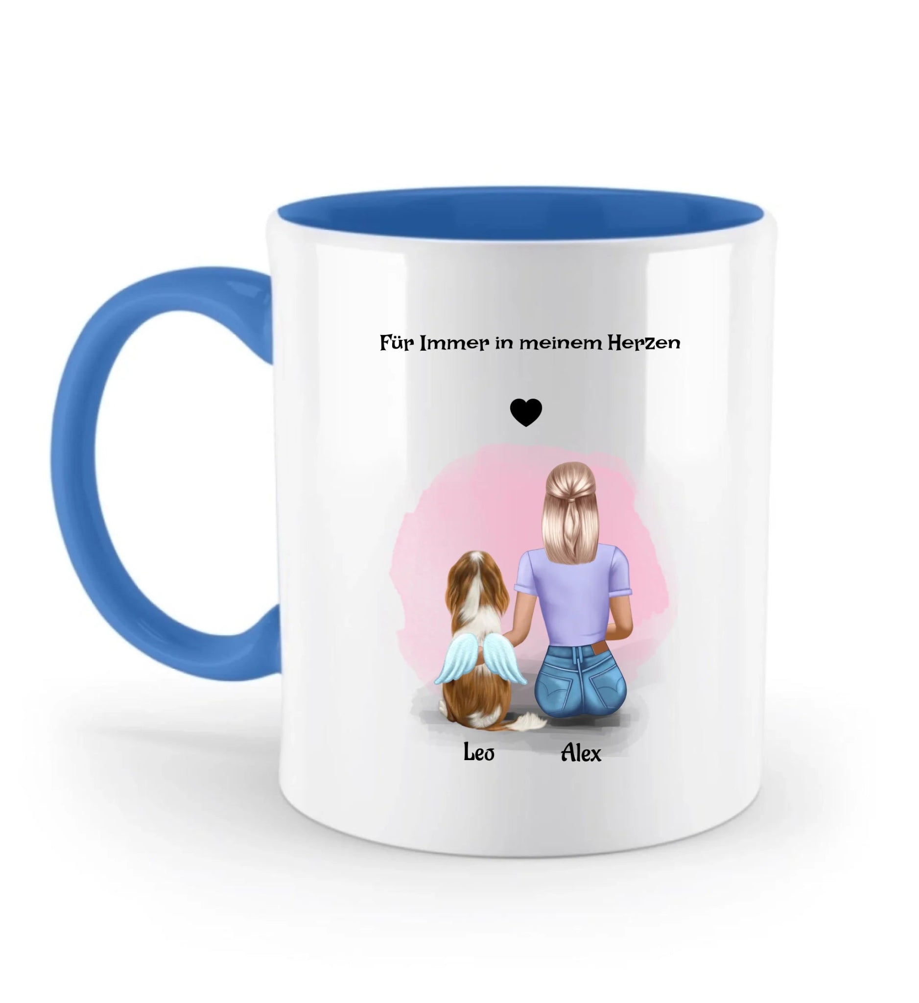 Frau und Hund mit Engelsflügel Abschied Tasse personalisiert - Cantty