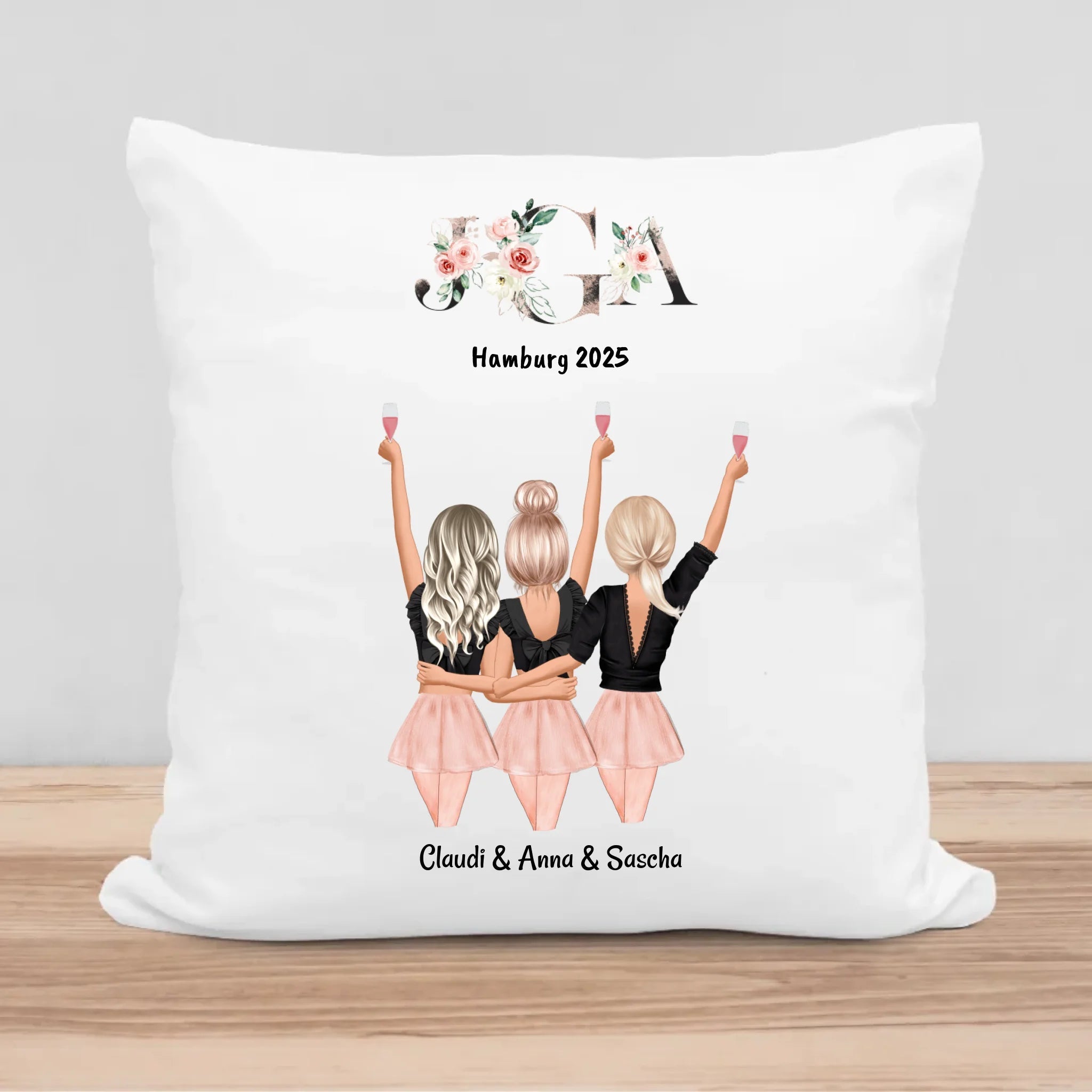 JGA Deko Kissen Bild 3 Freundinnen personalisiert - Cantty