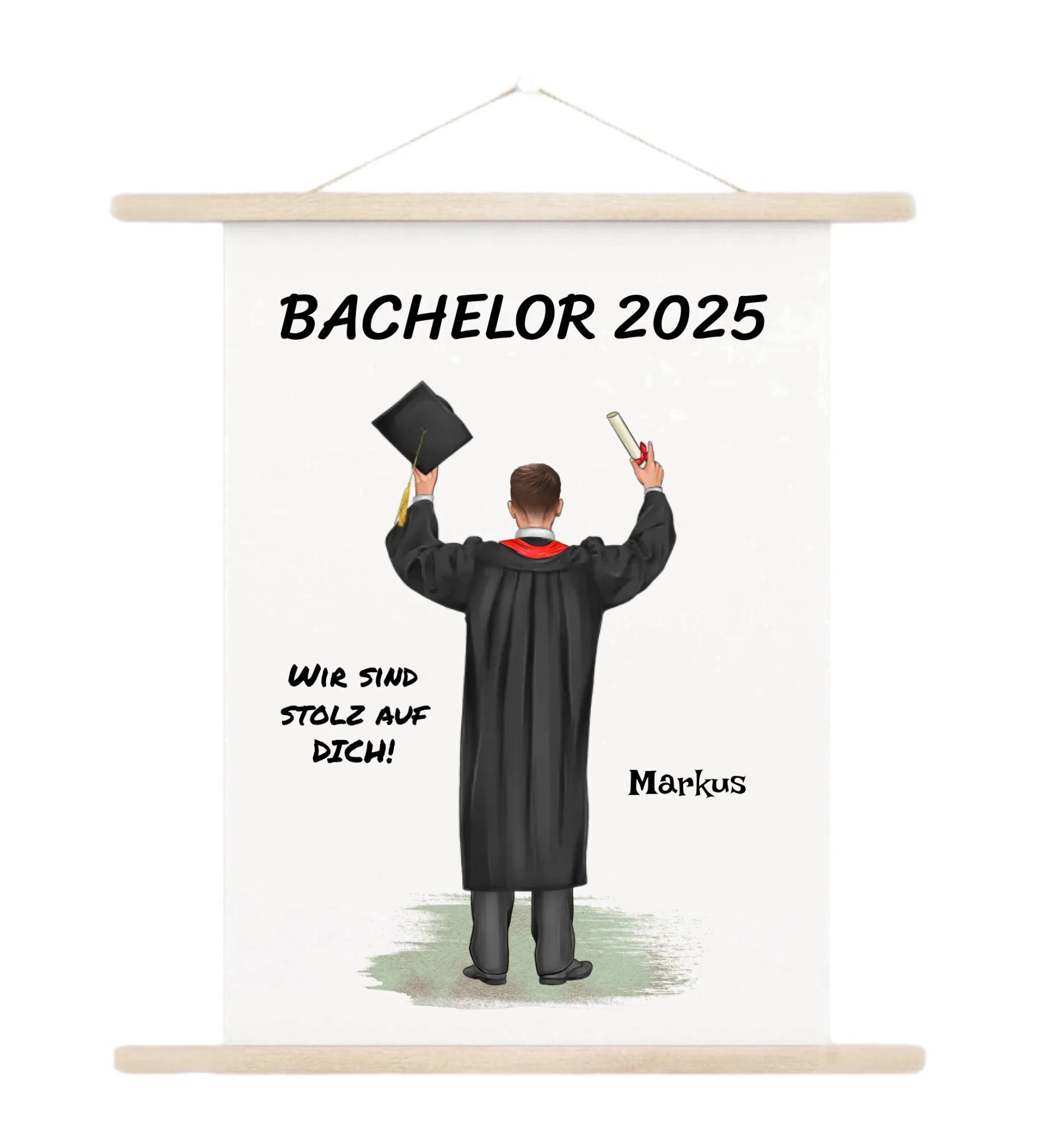 Personalisiertes Abschlussgeschenk für Junge als Leinwandbild mit Holzstangen zum aufhängen - Cantty