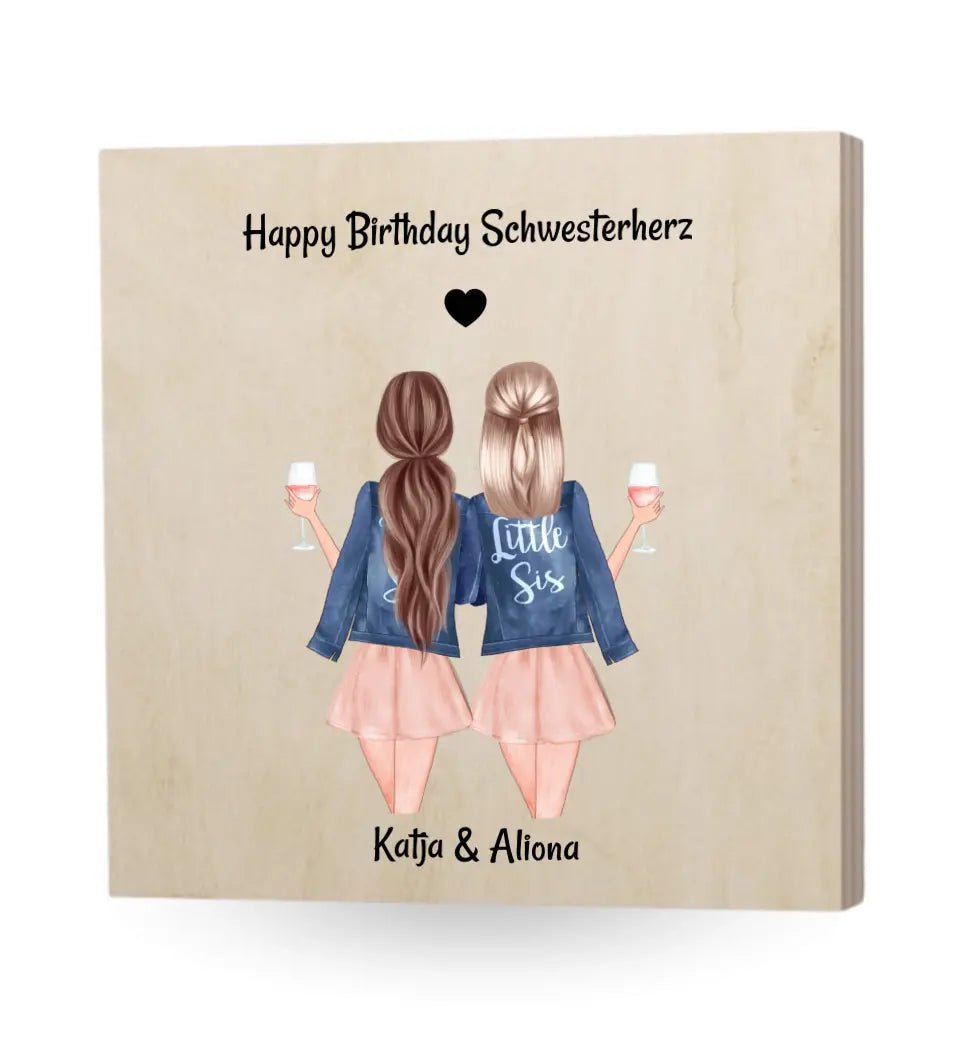 Schwester Geschenk Bild Holzdruck, Große und kleine Schwestern - Cantty