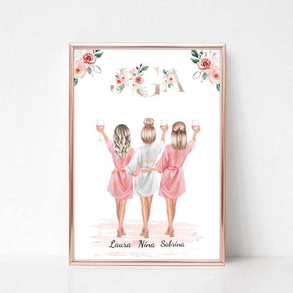 Trauzeugin Brautjungfern und Braut Poster Geschenk personalisiert - 3 Personen