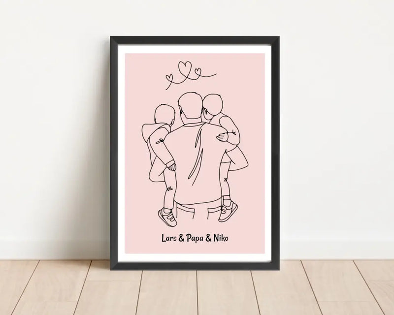 Papa und 2 kleine Söhne im Arm Linienkunst Poster Geschenk für Vater personalisiert - Cantty