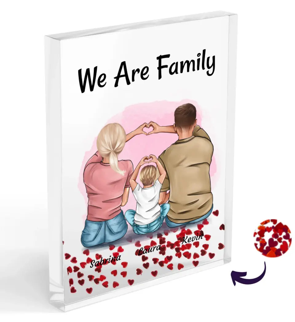 Familie mit 1 Kind Bild personalisiert Acrylglas mit Konfetti