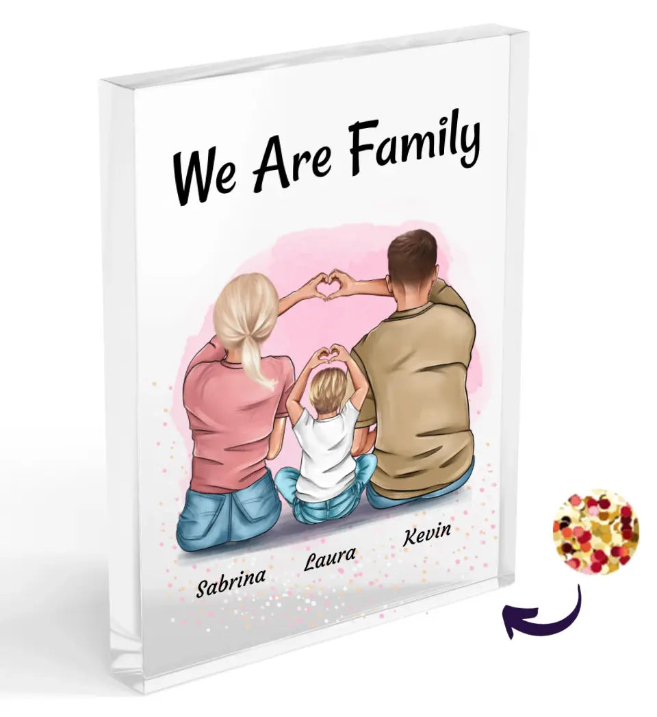 Familie mit 1 Kind Bild personalisiert Acrylglas mit Konfetti