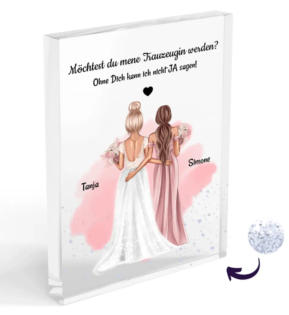 Trauzeugin Fragen Acrylglas mit Konfetti Bild Geschenk personalisiert
