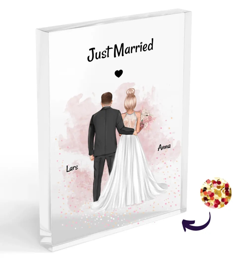 Hochzeitspaar Acrylglas mit Konfetti Bild Geschenk personalisiert