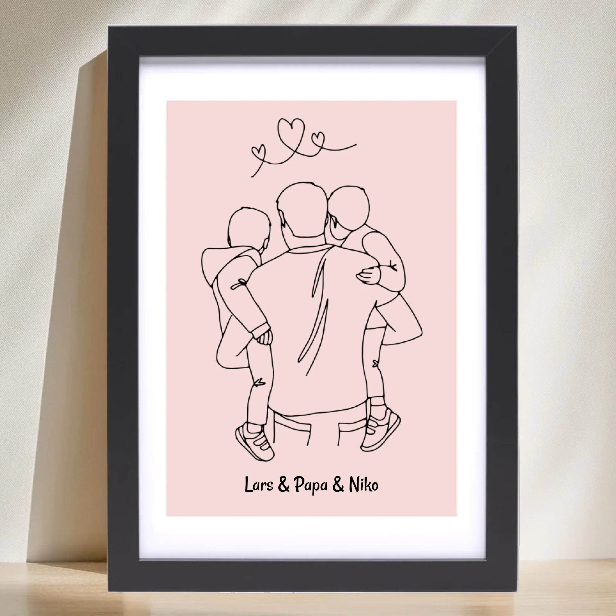 Papa und 2 kleine Söhne im Arm Linienkunst Poster Geschenk für Vater personalisiert - Cantty