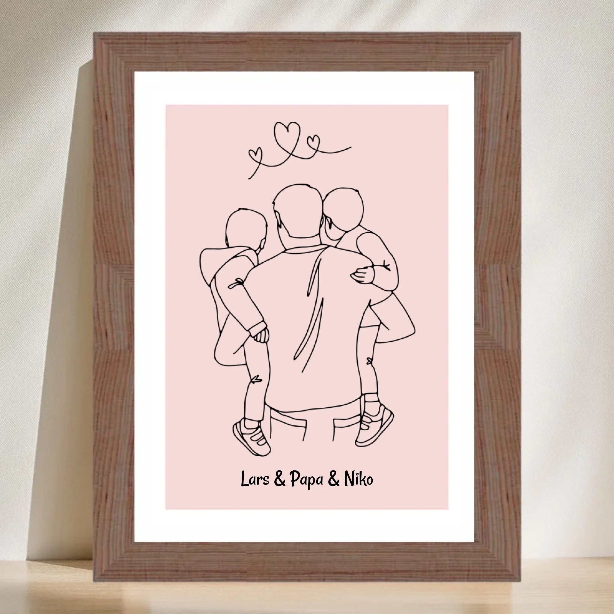 Papa und 2 kleine Söhne im Arm Linienkunst Poster Geschenk für Vater personalisiert - Cantty